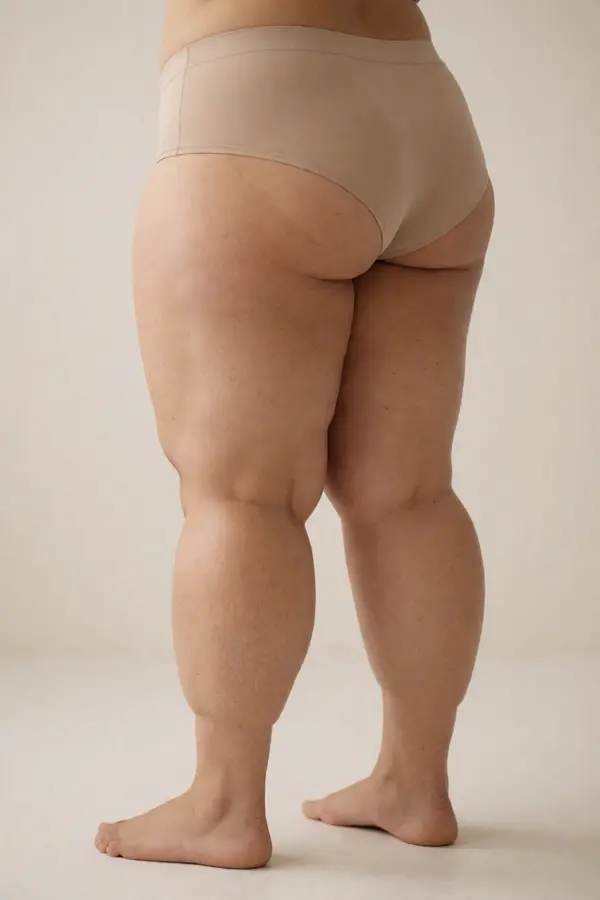 Ilustração conceitual mostrando o padrão de acúmulo de gordura do lipedema, do quadril ao tornozelo